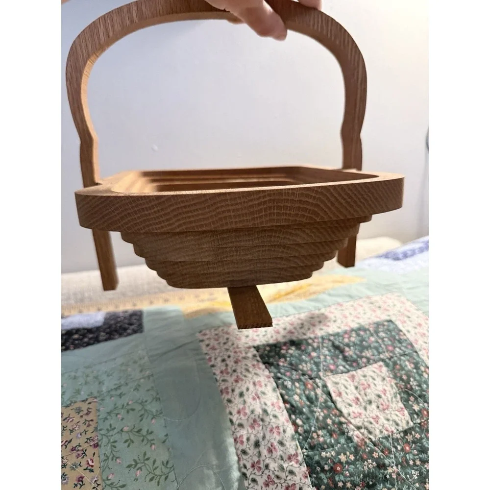 Folding Collapsible Decorative Wooden Fruit Bowl Basket trivet Signed